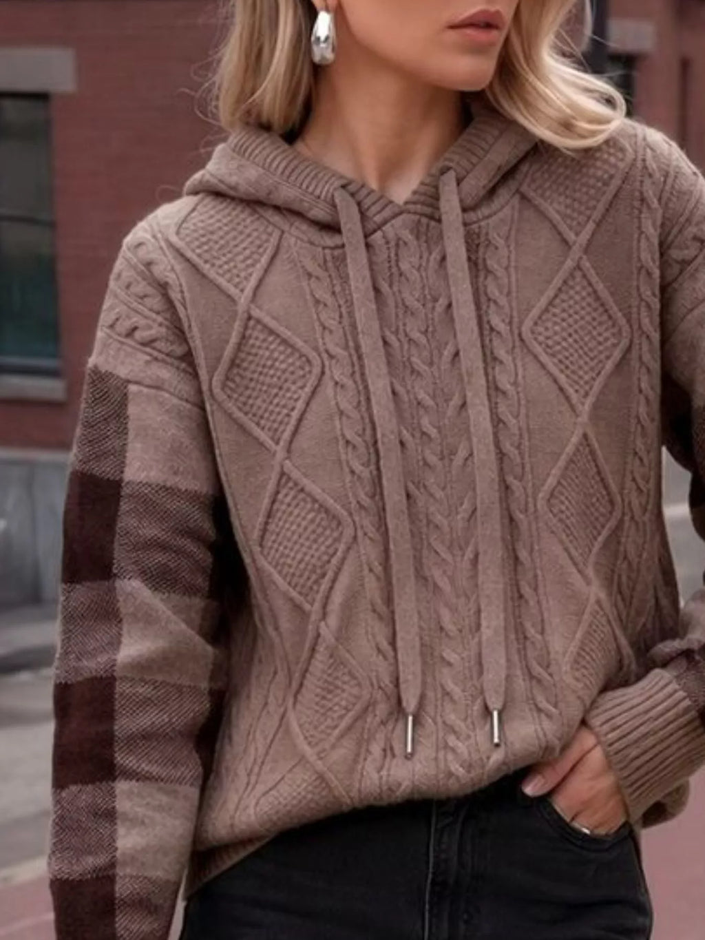 Cable-knit Plaid Sleeves Hooded Sweater (7)