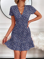 Printed Ruffled Hem V-neck Short Sleeve Mini Dress (15)