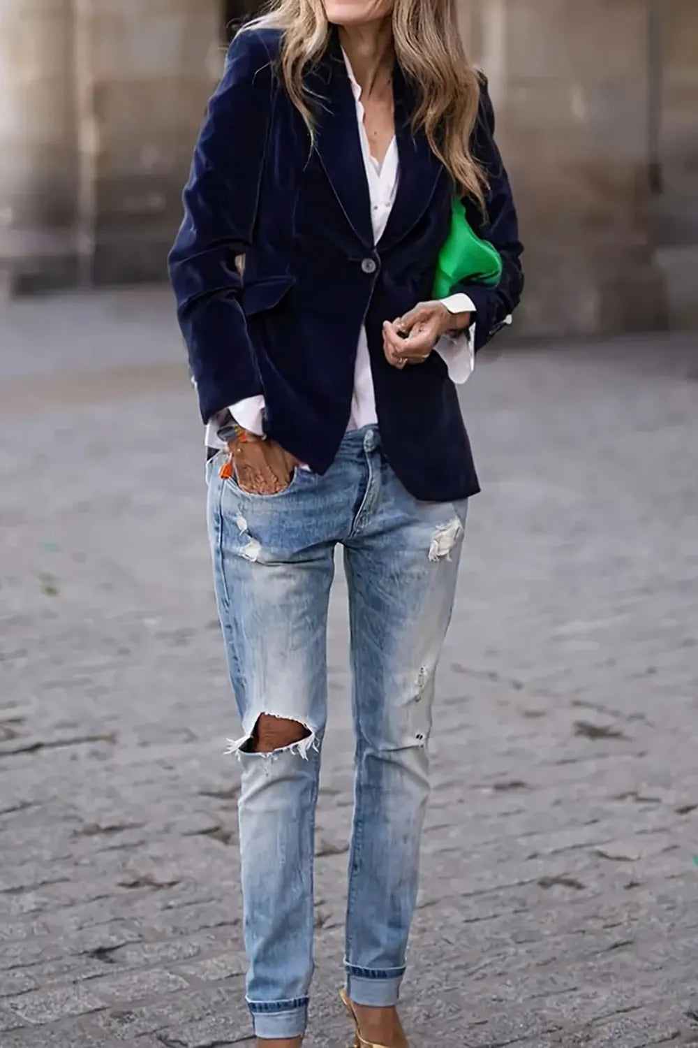One Button Lapel Collar Long Sleeve Blazer (2)