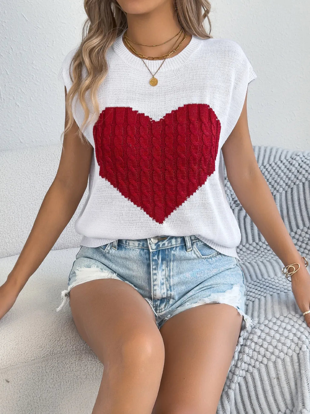 Cable Knit Heart Round Neck Cap Sleeve Top (12)