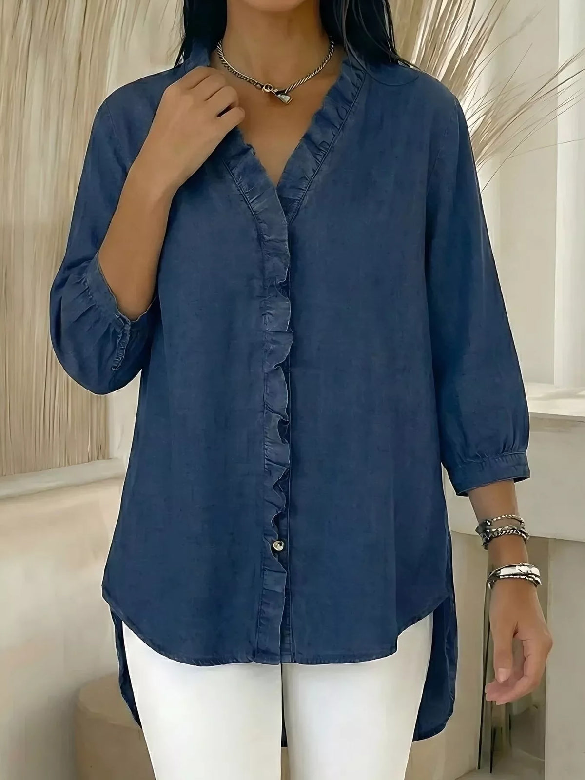 Full Size V-neck Ruffled Button Down Shirt Plus (3)