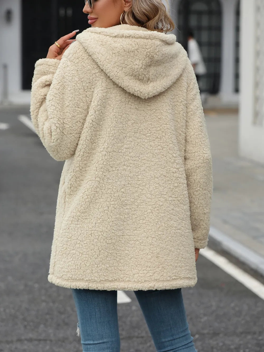 Fuzzy Zip Up Long Sleeve Hooded Jacket (2)