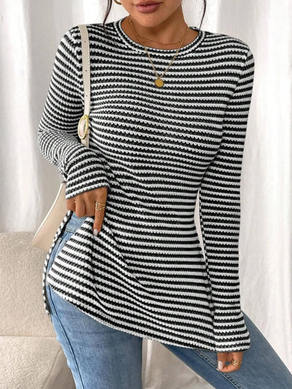 Side Slit Striped Long Sleeve T-shirt (14)
