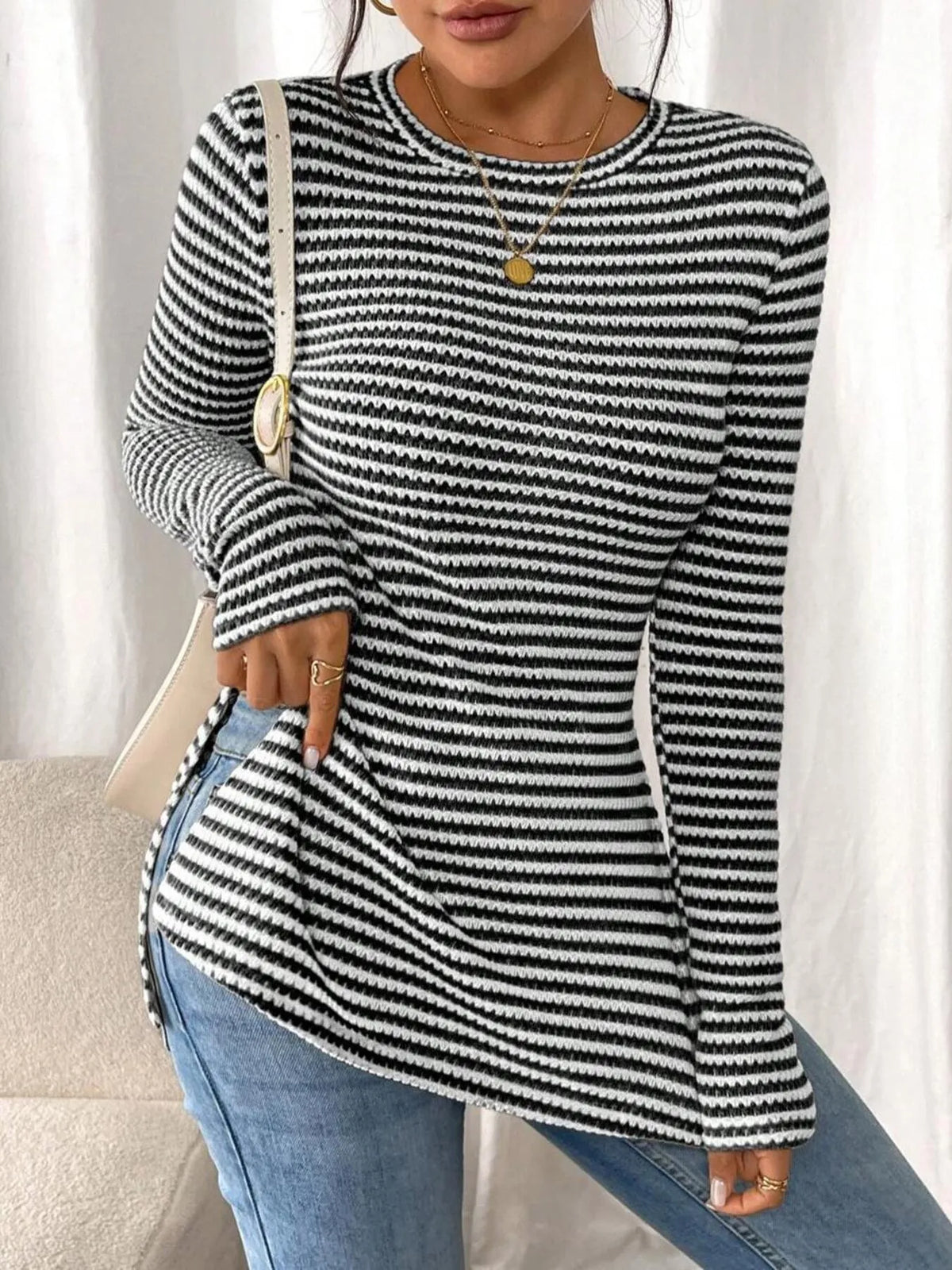 Side Slit Striped Long Sleeve T-shirt (14)