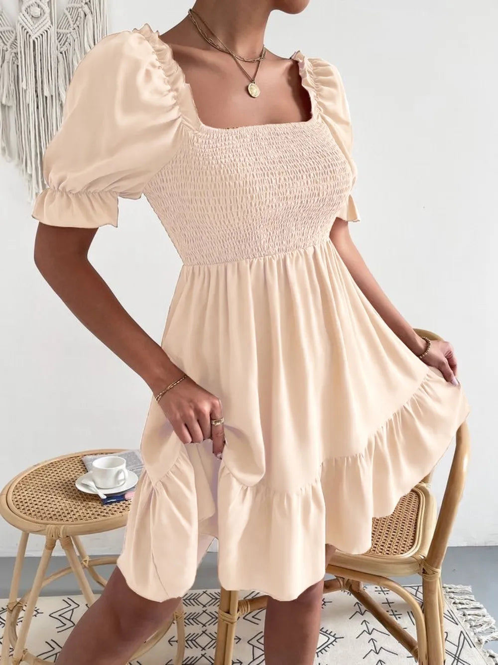 Smocked Square Neck Short Sleeve Dress (7)
