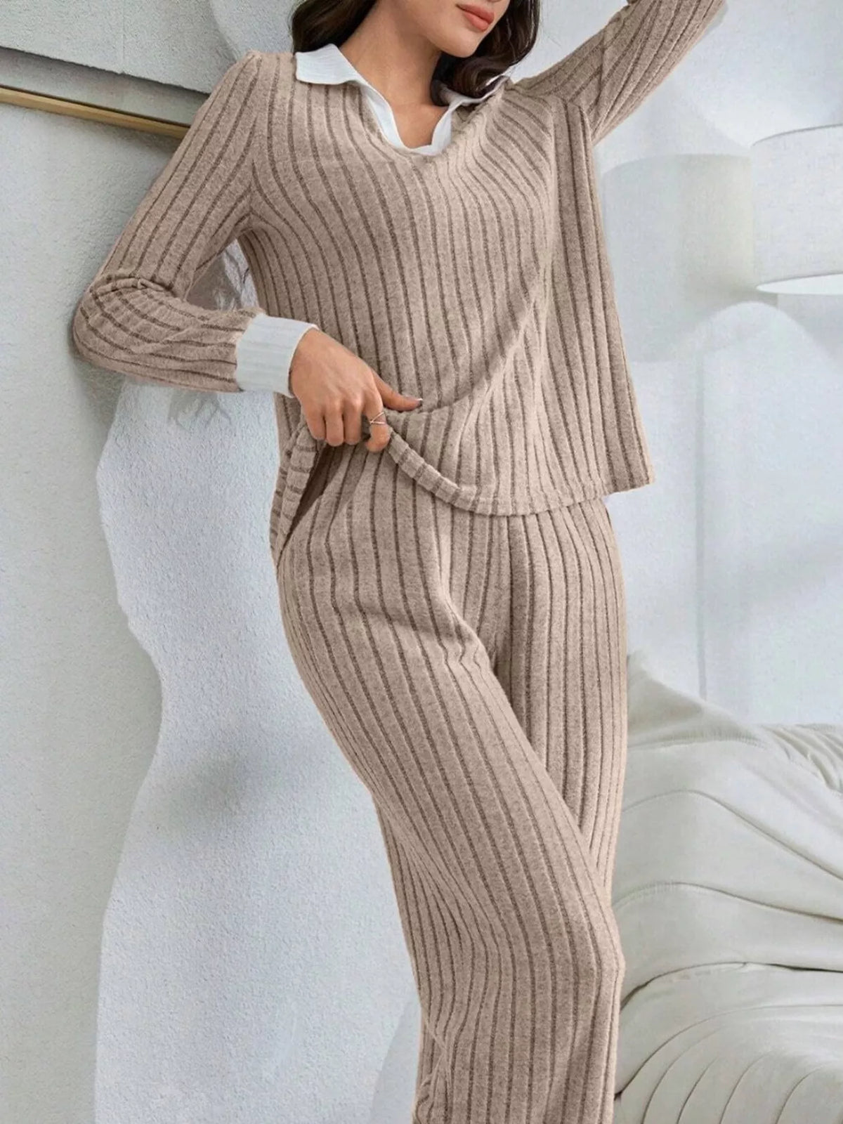 Ribbed Knit Polo Collar Top Pants Lounge Set (10)