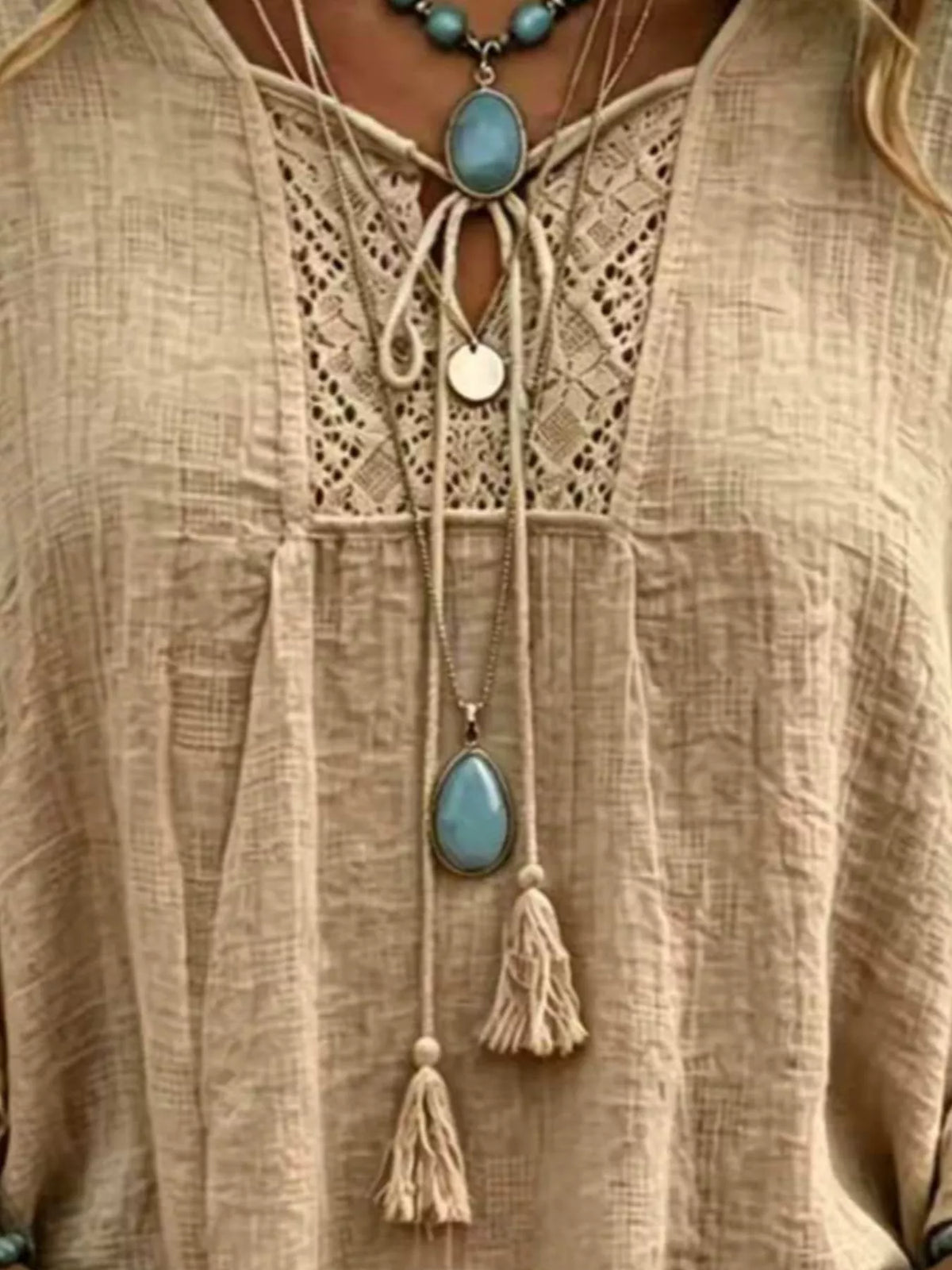 Full Size Tassel Tie Neck Ruffled Hem Blouse Plus (6)