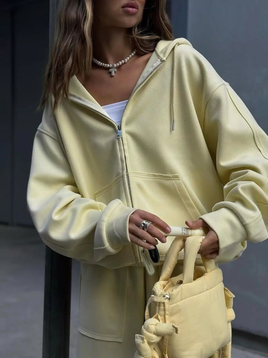 Oversized Zip-up Hoodie Wide-leg Pants Set (25)