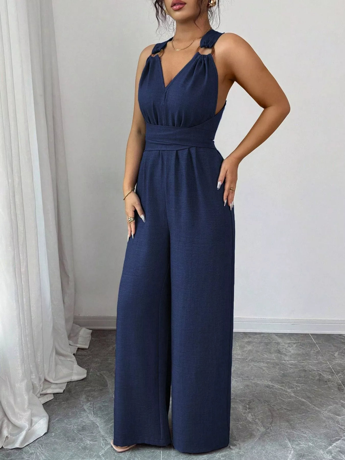 Sleeveless V-neck Wide-leg Jumpsuit O-ring Detail (3)