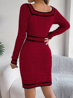 Contrast Trim Long Sleeve Sweater Dress (3)