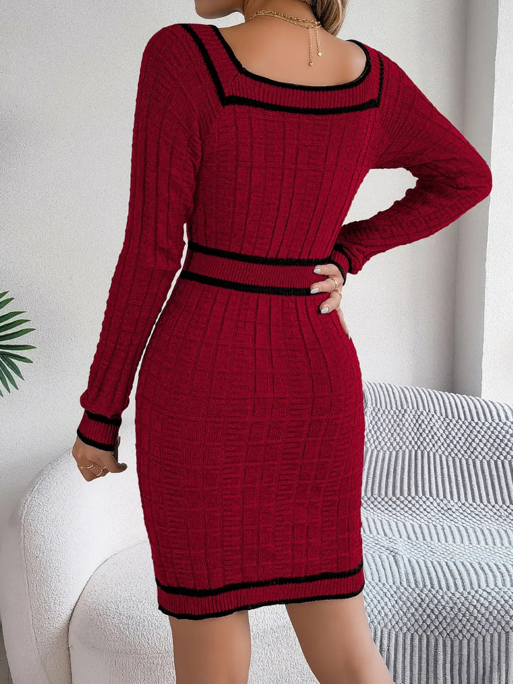 Contrast Trim Long Sleeve Sweater Dress (3)