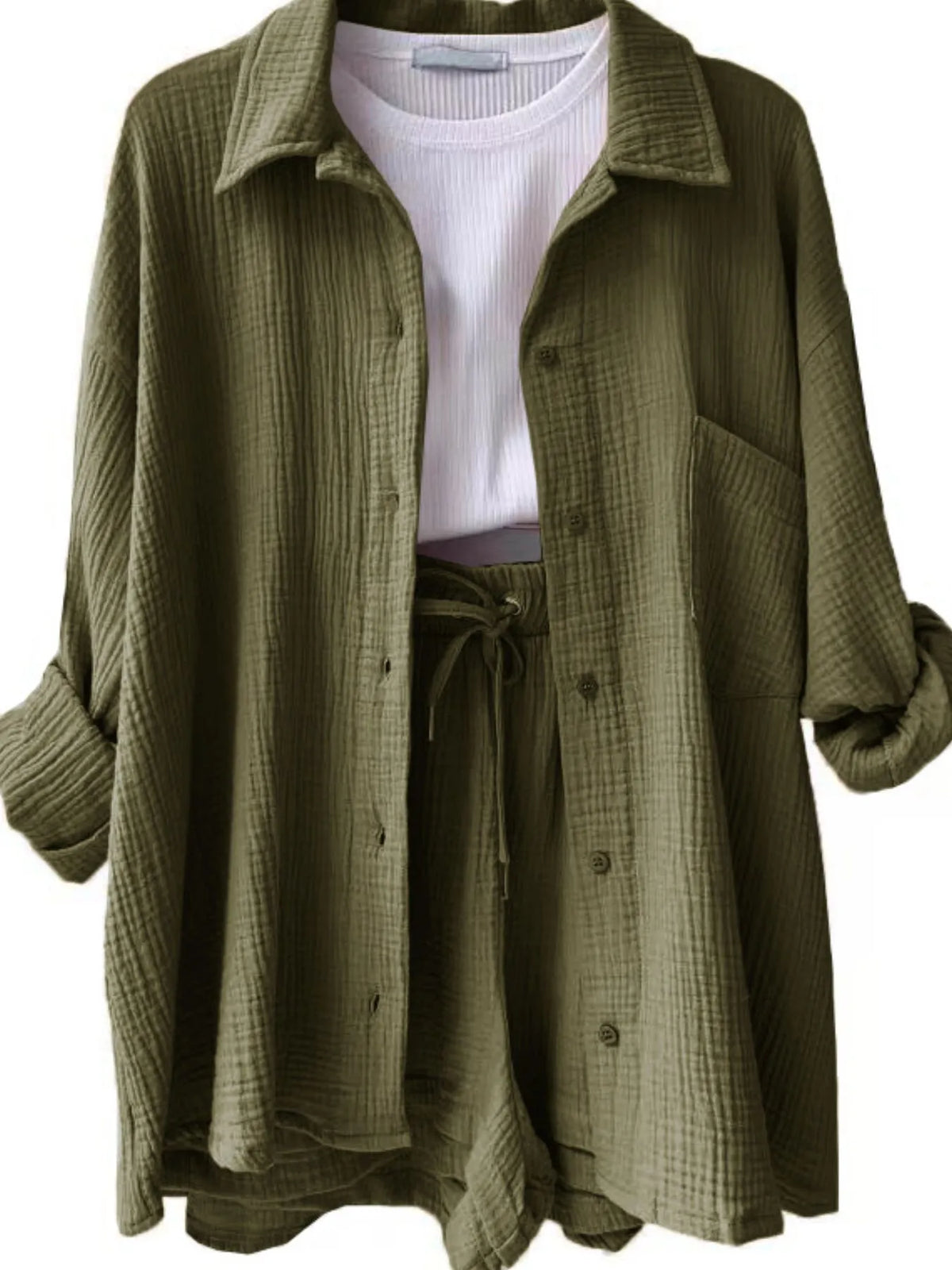 Textured Button Up Shirt Shorts Set (13)