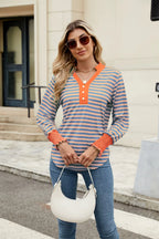Contrast Striped Notched Long Sleeve Top (2)