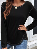 Casual Long Sleeve Exposed Seam T-shirt Decor Button (5)