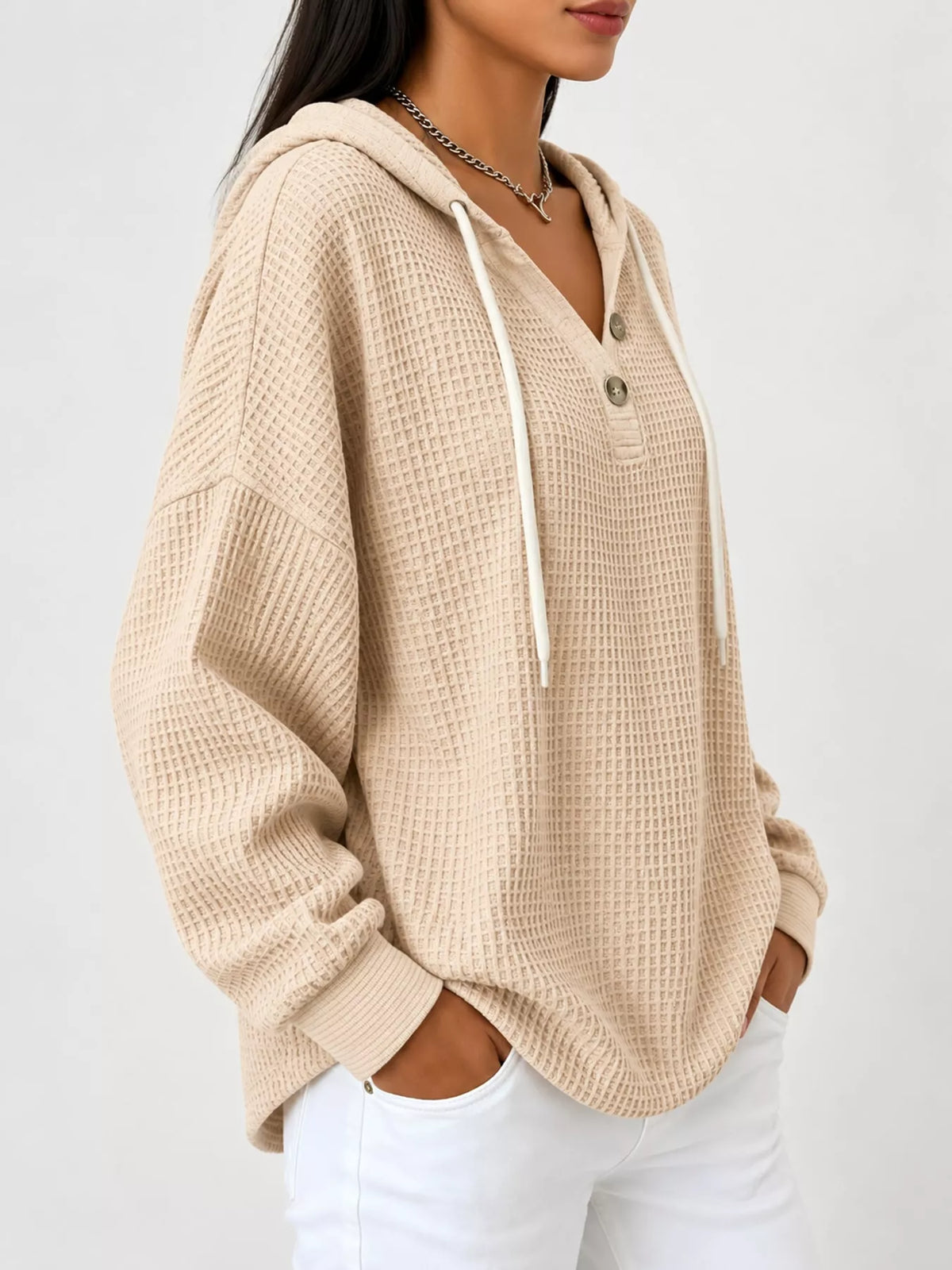 Full Size Waffle Knit Button Detail Hoodie Plus (51)