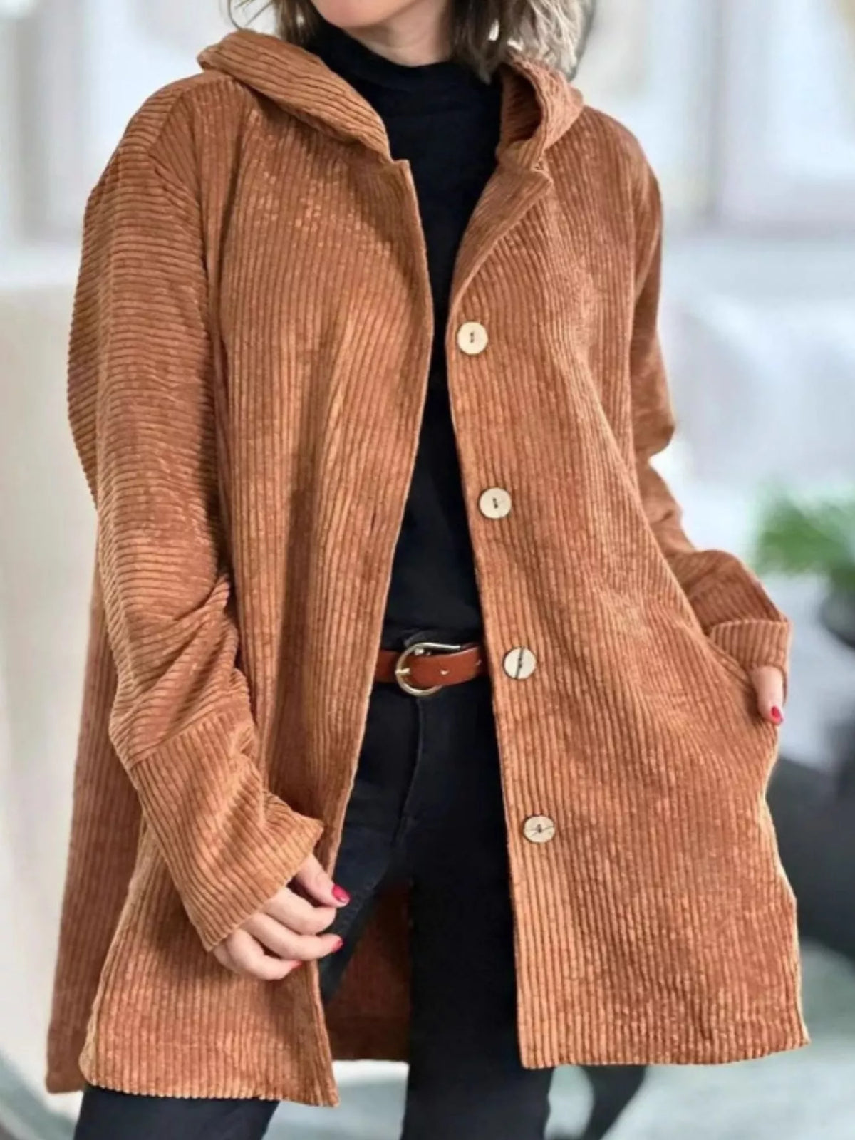 Full Size Corduroy Button Up Hooded Jacket Plus (7)
