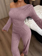 One-shoulder Ribbed Knit Top Pants Set (3)