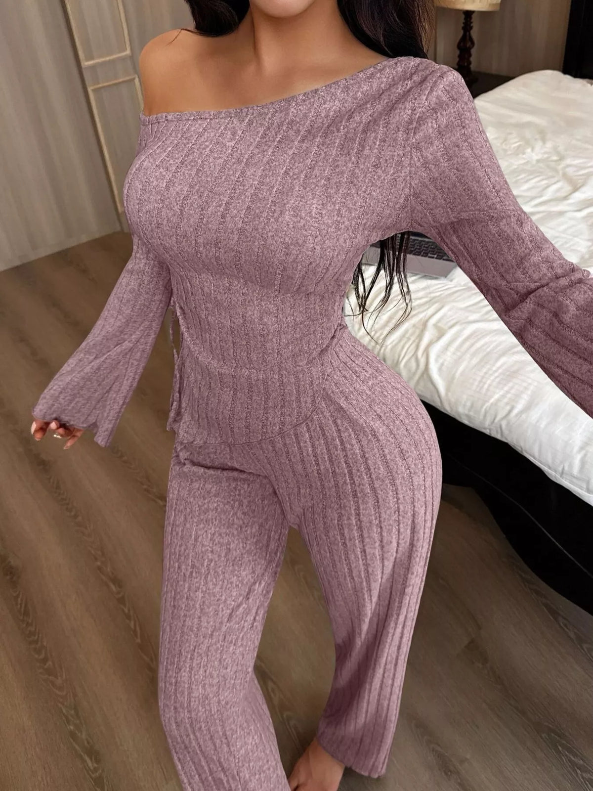 One-shoulder Ribbed Knit Top Pants Set (3)