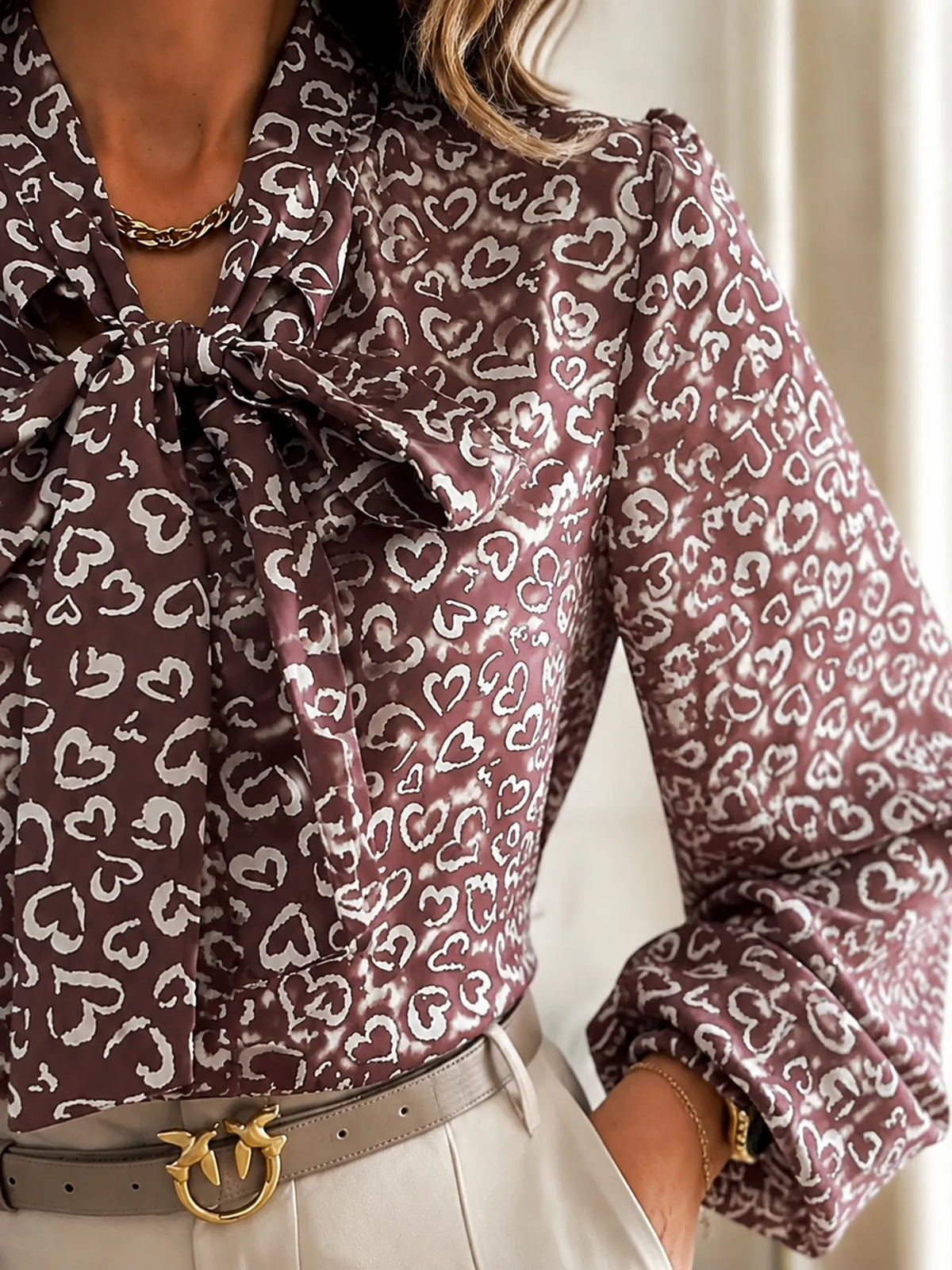 Printed Bow-tie Neck Long Sleeve Blouse (8)