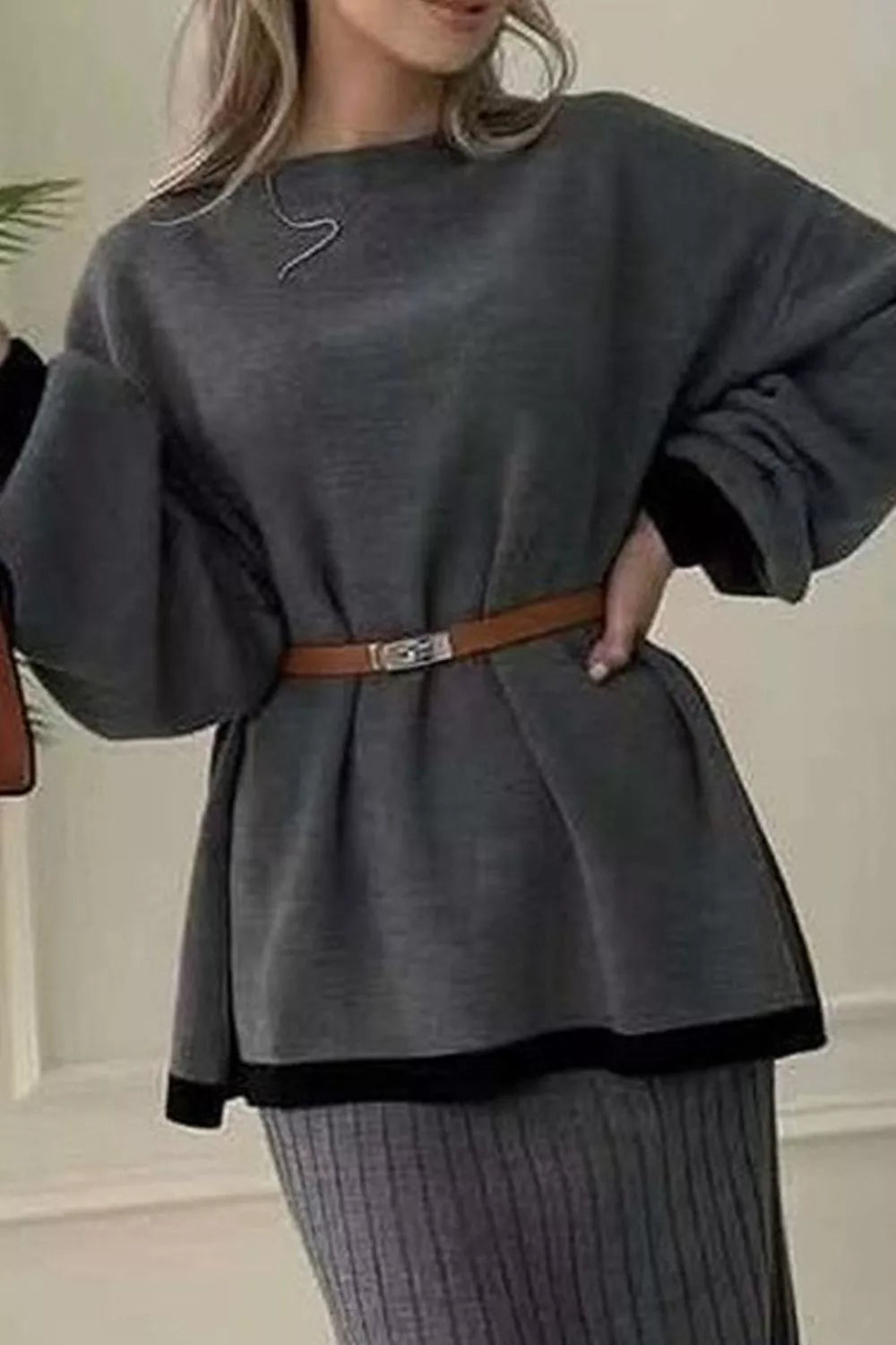 Contrast Trim Ribbed Knit Sweater Skirt Set (2)