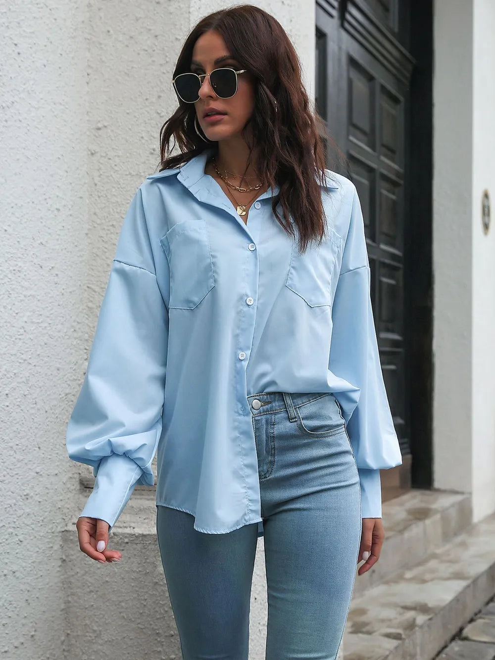 Button Up Dropped Shoulder Lantern Sleeve Shirt (3)
