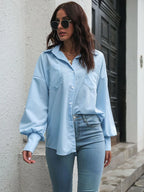 Button Up Dropped Shoulder Lantern Sleeve Shirt (3)