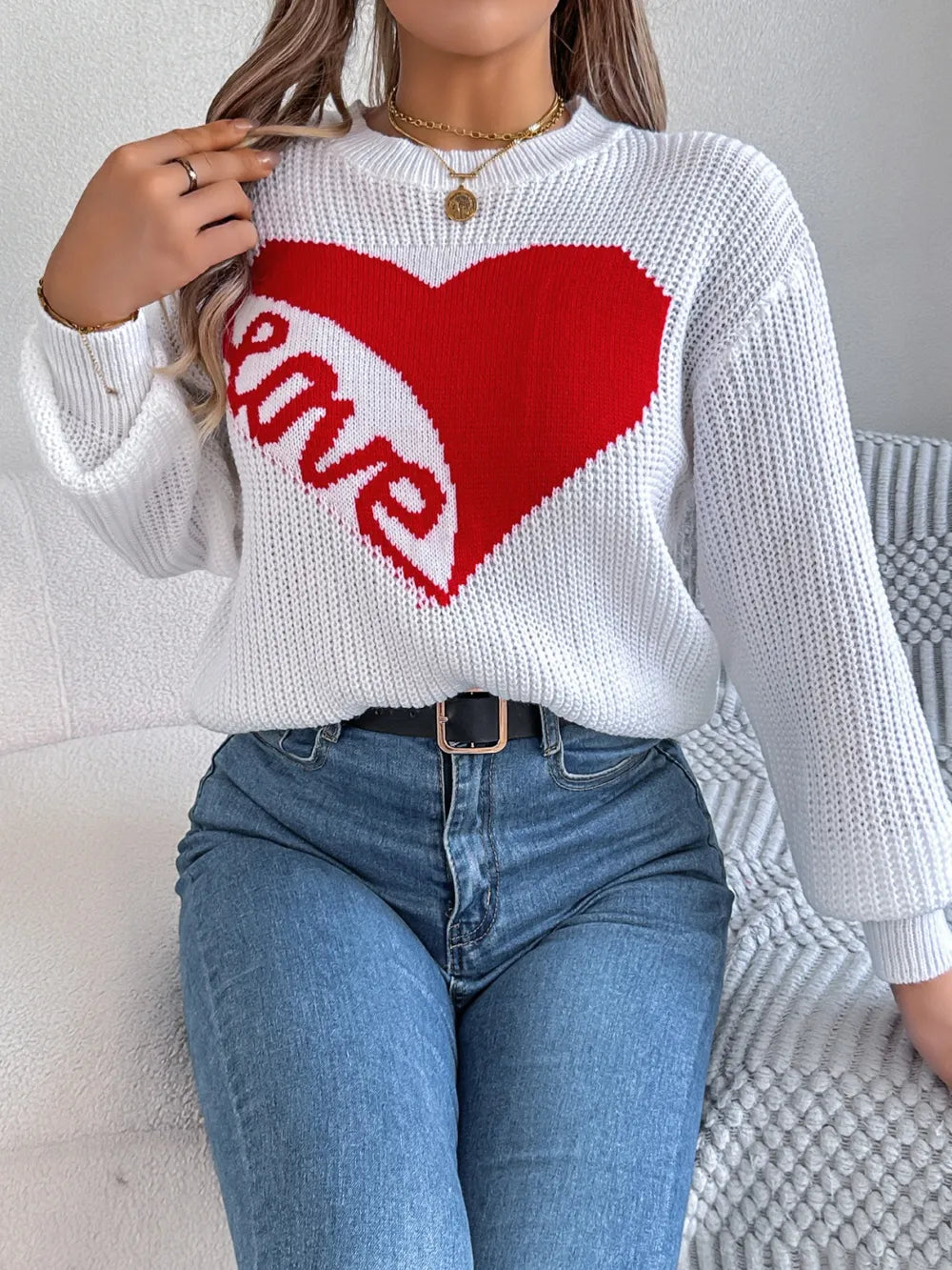 Love Heart Round Neck Dropped Shoulder Sweater (12)