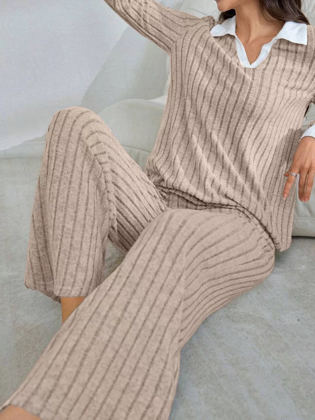 Ribbed Knit Polo Collar Top Pants Lounge Set (11)