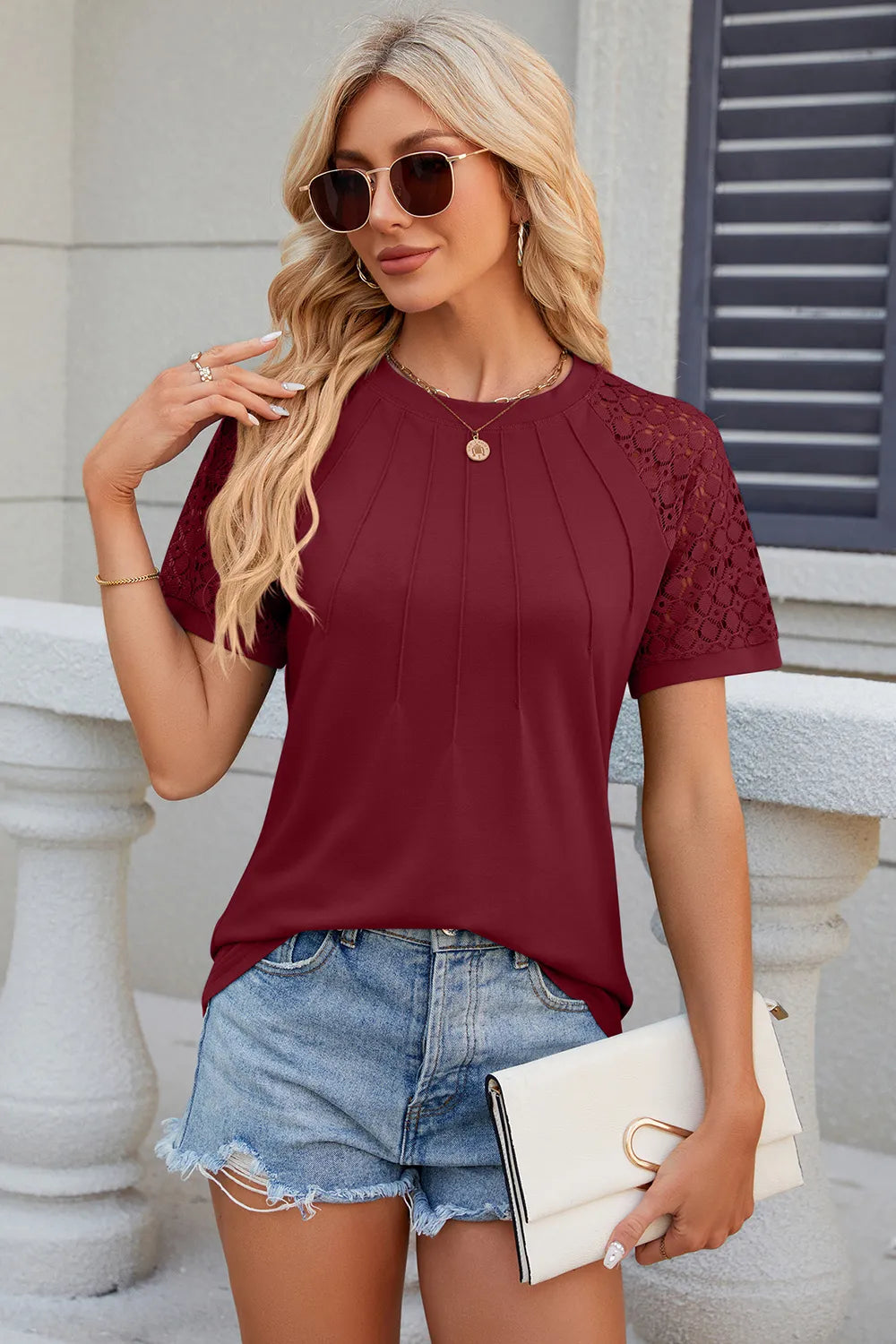 Openwork Round Neck Short Sleeve T-shirt (16)
