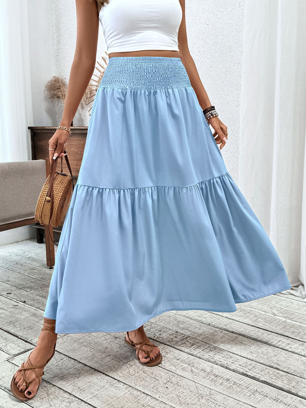 Smocked Waist Tiered Skirt (4)