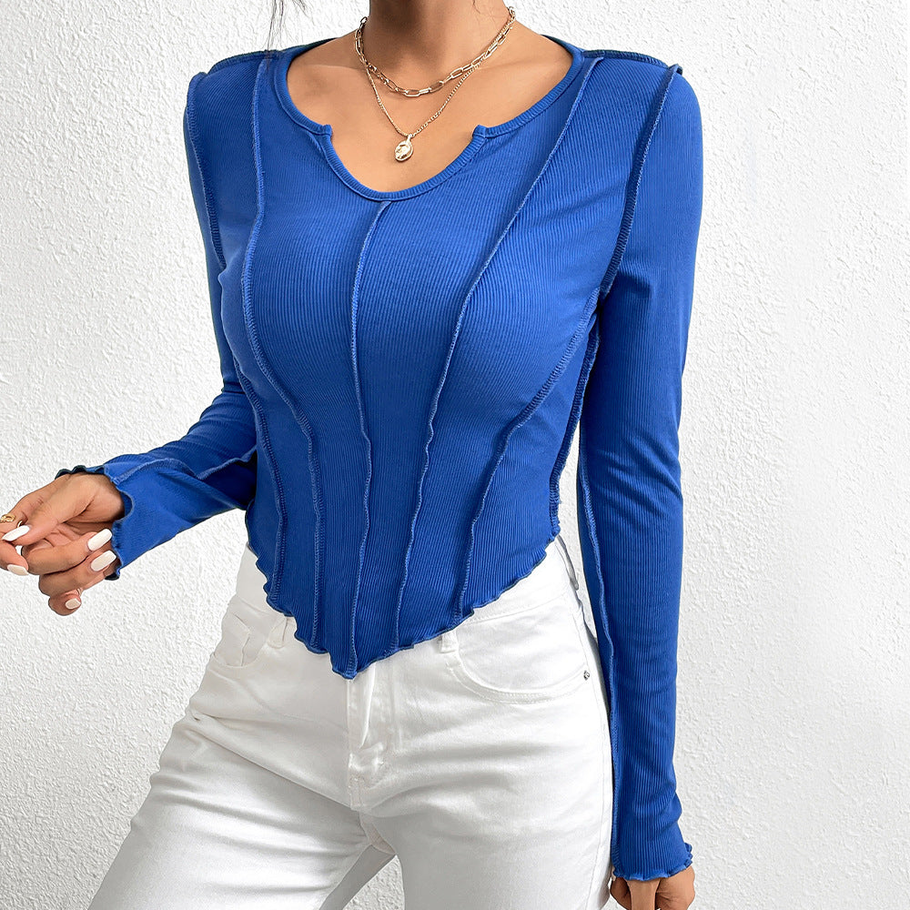 V-neck Irregular Stitching Exposed Knitted Long Sleeve photo 11