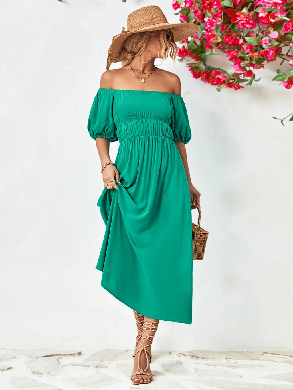 Off-shoulder Puff Sleeve Smocked Maxi Dress (2)