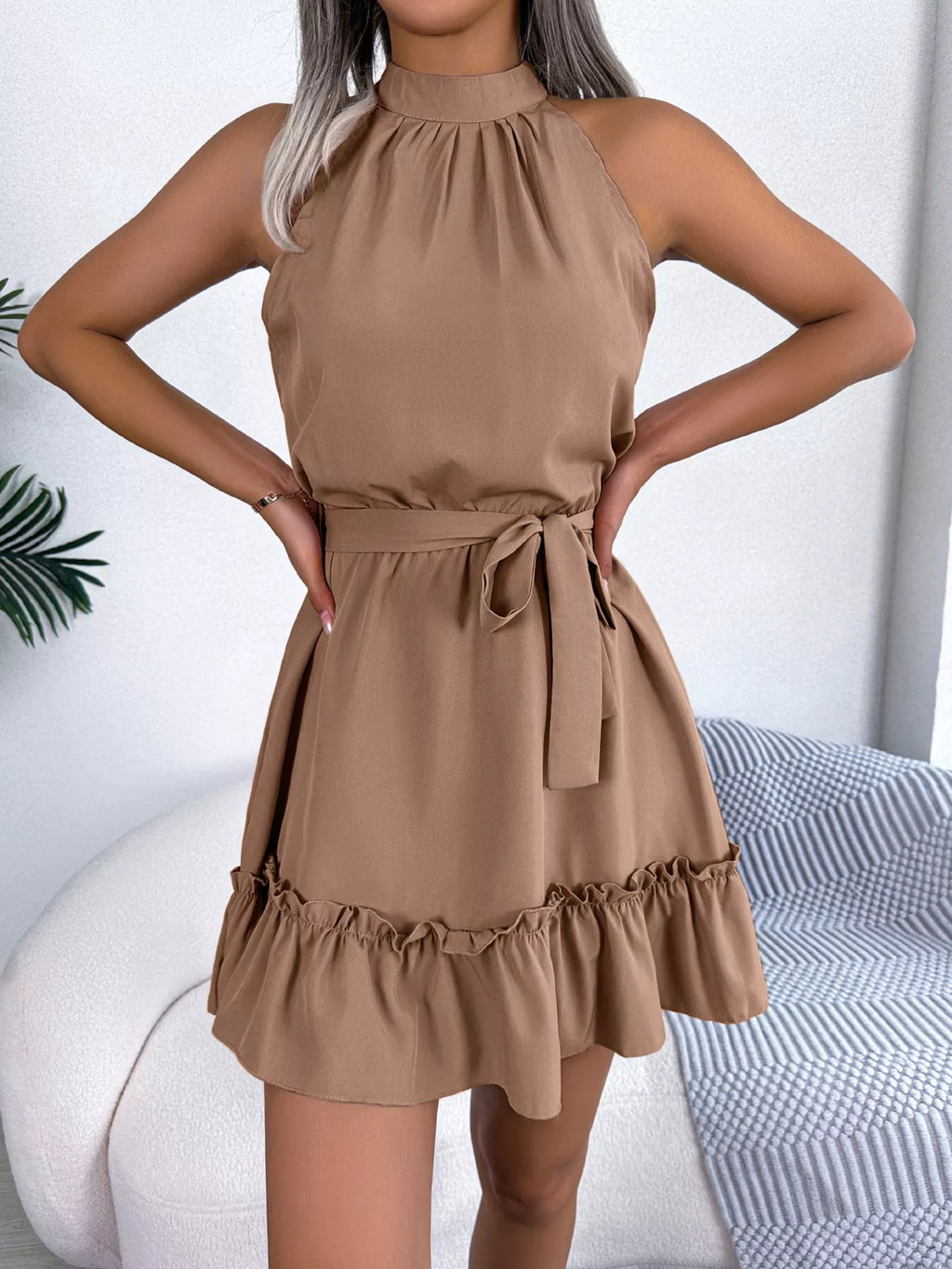 Halter Neck Ruffle Hem A-line Dress (9)