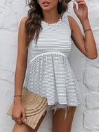 Striped Lace Trim Round Neck Tank (9)