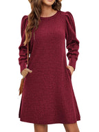 Puff Sleeve Ribbed Knit Dress Pockets (10)