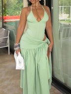 Halter Neck Ruched Bodysuit Maxi Skirt Set (22)