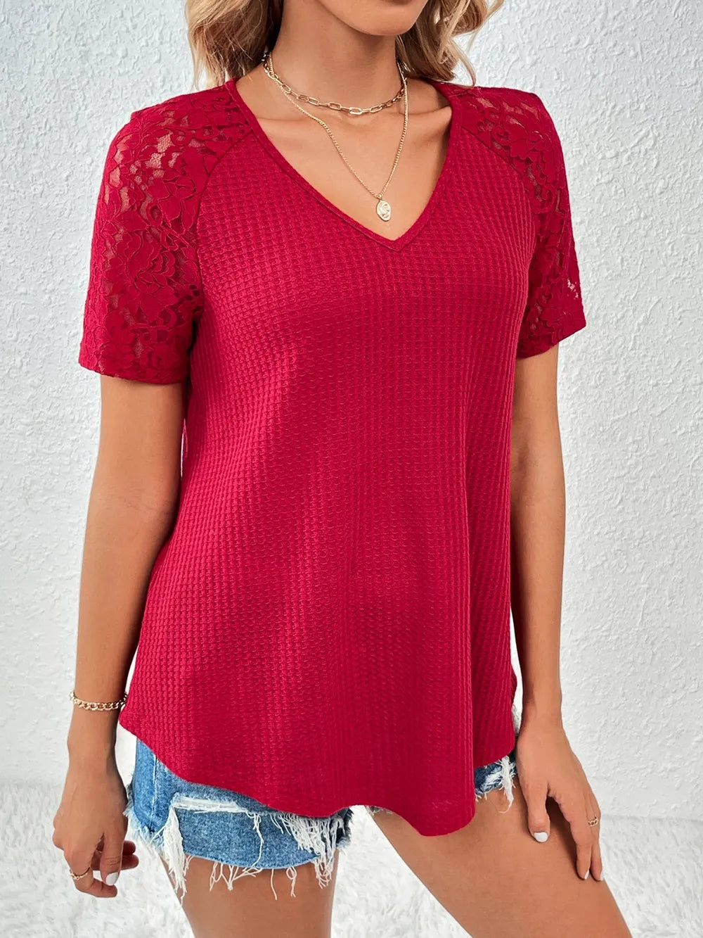 Lace Detail V-neck Short Sleeve T-shirt (6)