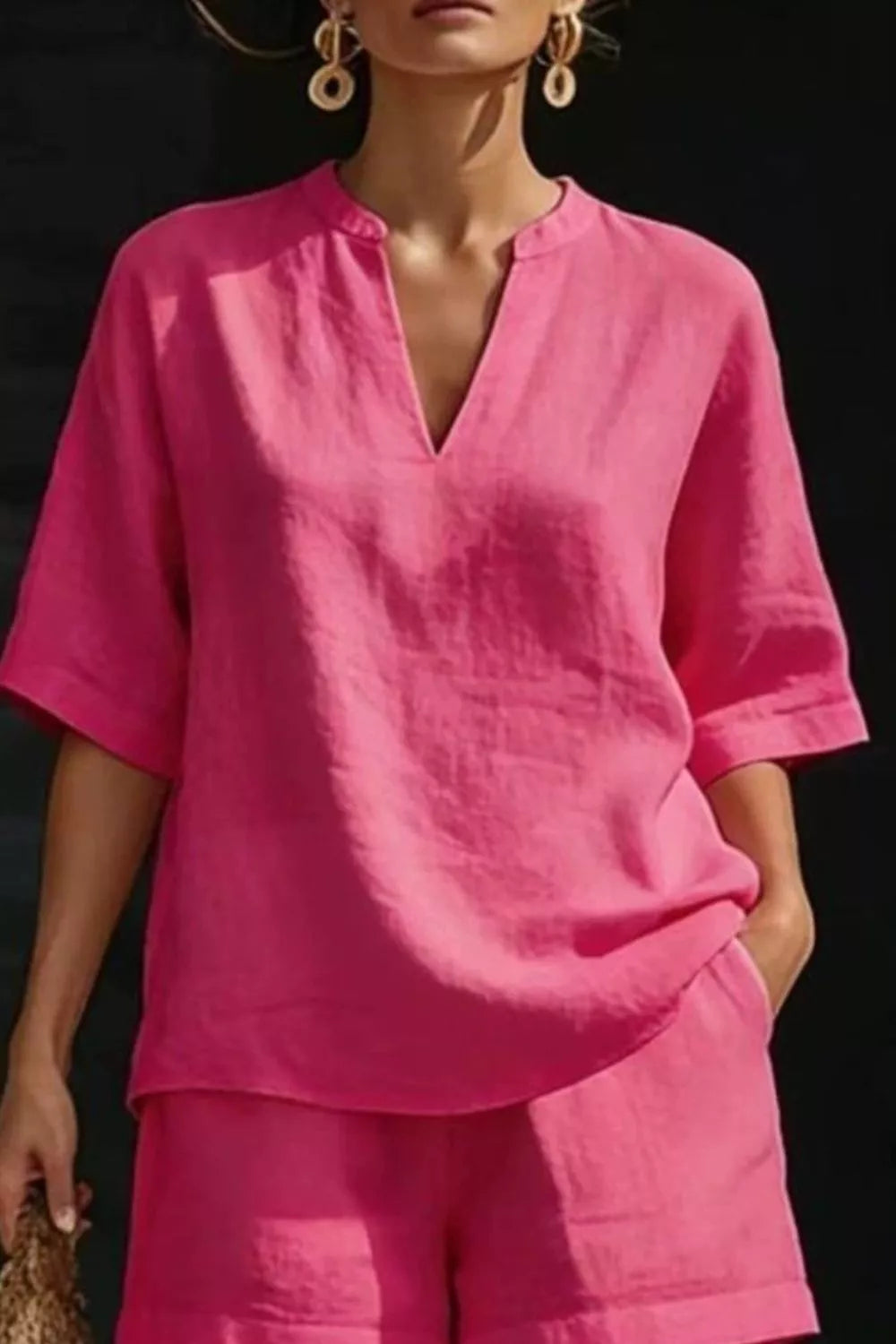 Notched Half Sleeve Top Shorts Set (2)
