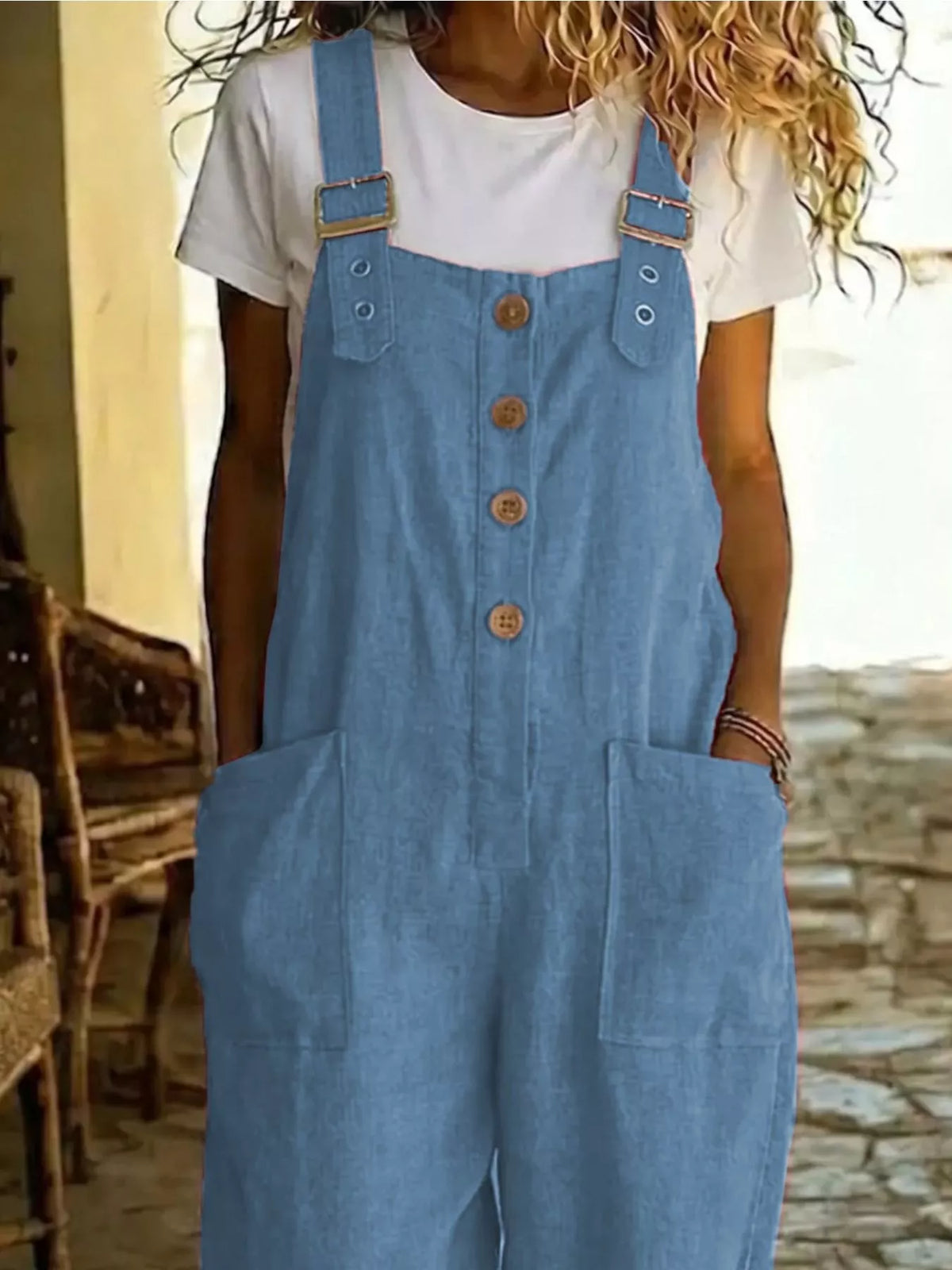 Casual Button Front Wide Leg Overalls (13)