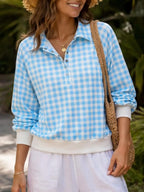 Gingham Plaid Collared Sweatshirt Ribbed Hem (7)