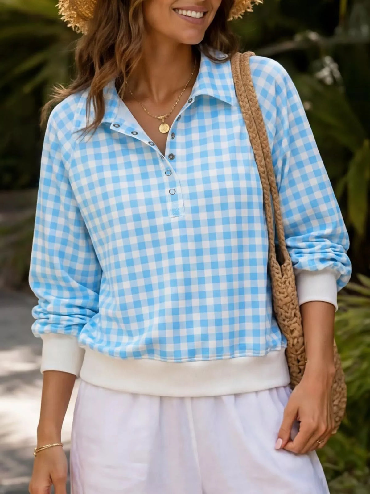 Gingham Plaid Collared Sweatshirt Ribbed Hem (7)