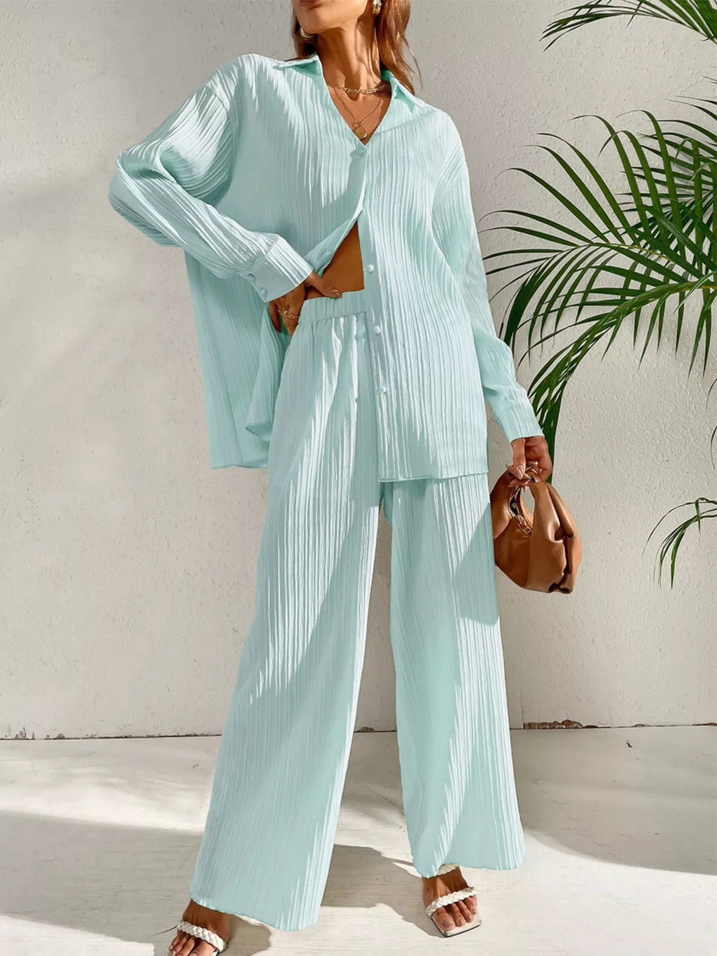 Long Sleeve Shirt Wide Leg Pants Set (17)