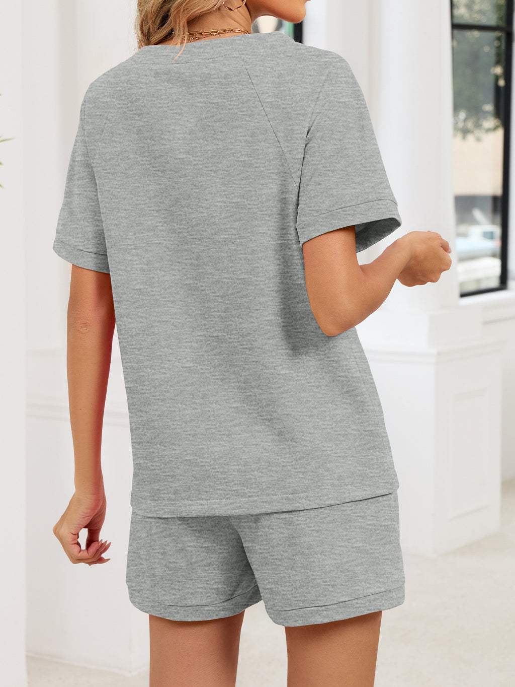 Notched Short Sleeve Top Shorts Set (12)
