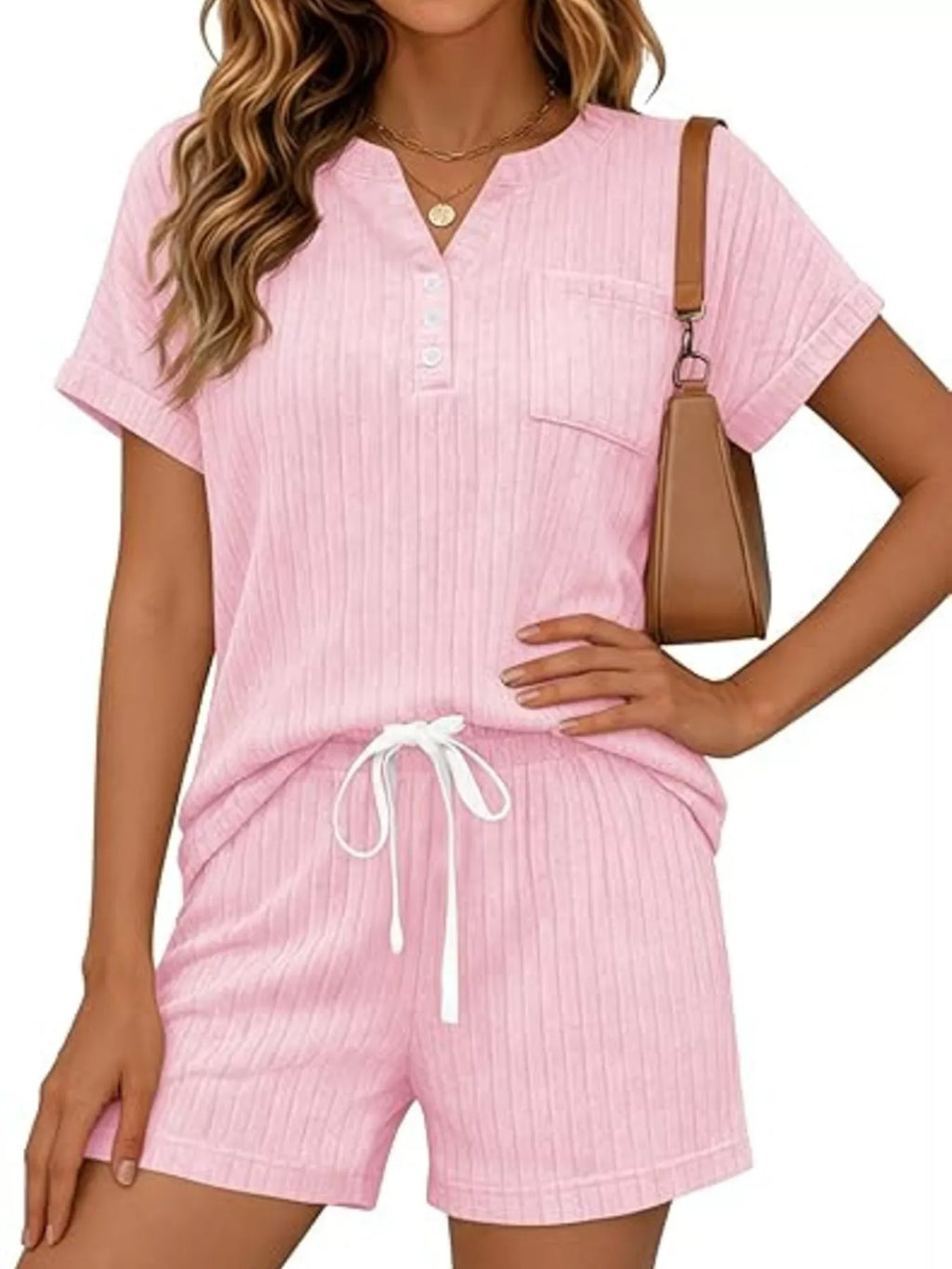 Casual Ribbed Knit Tee Shorts Set (24)