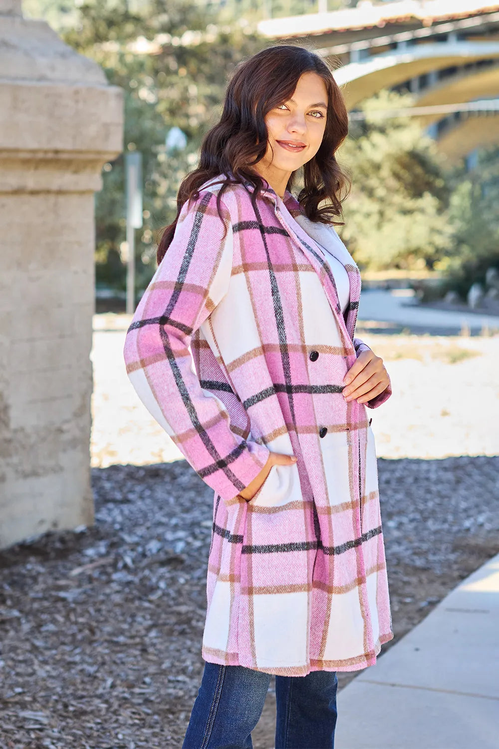 Full Size Plaid Button Up Lapel Collar Coat (2)