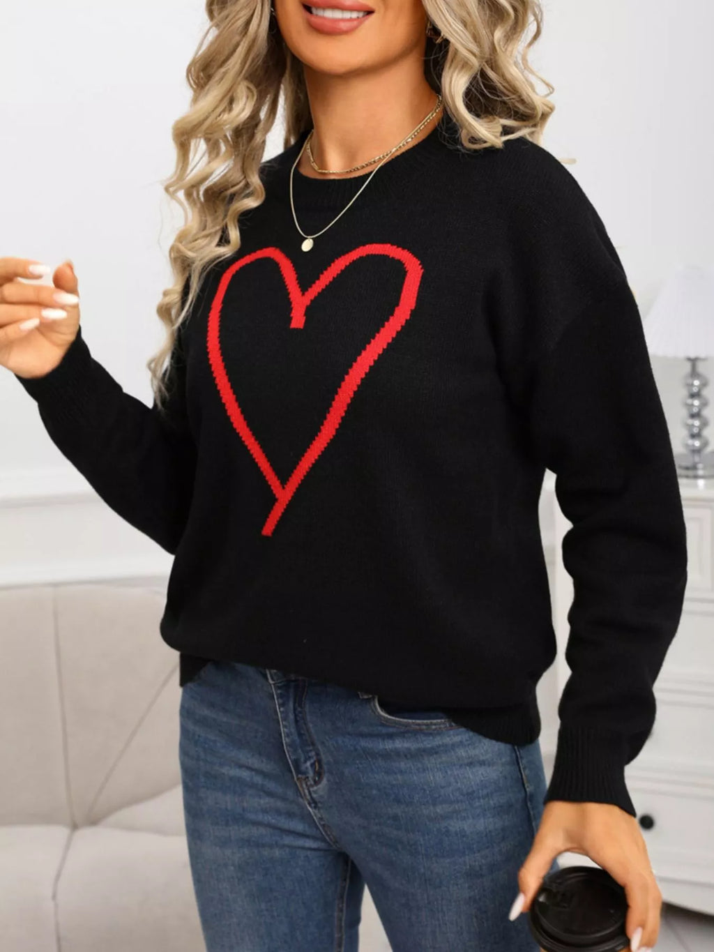 Valentine's Day Heart Graphic Dropped Shoulder Sweater (14)
