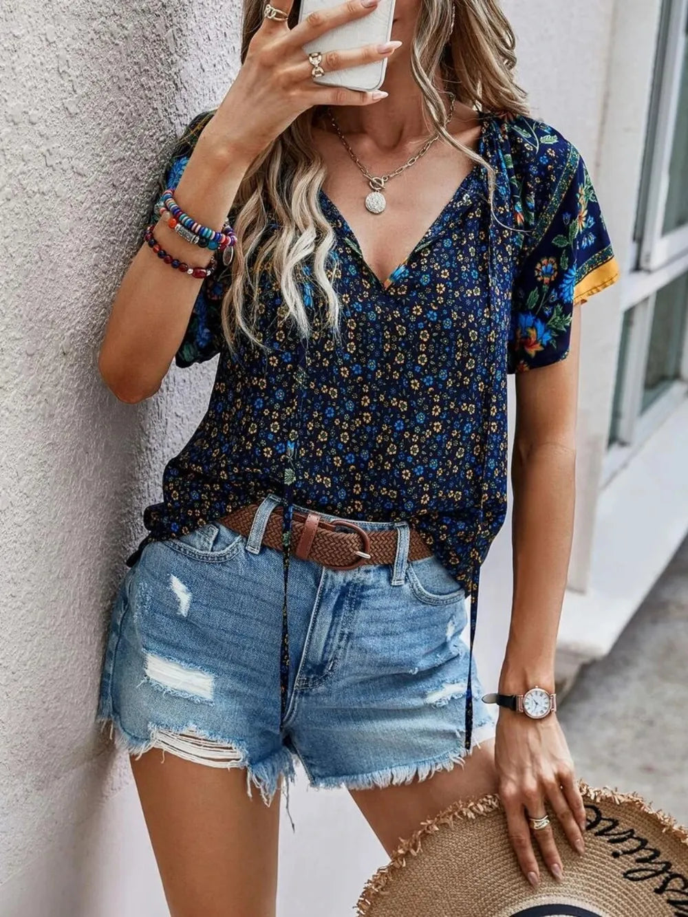 Printed Tie Neck Short Sleeve Blouse (7)
