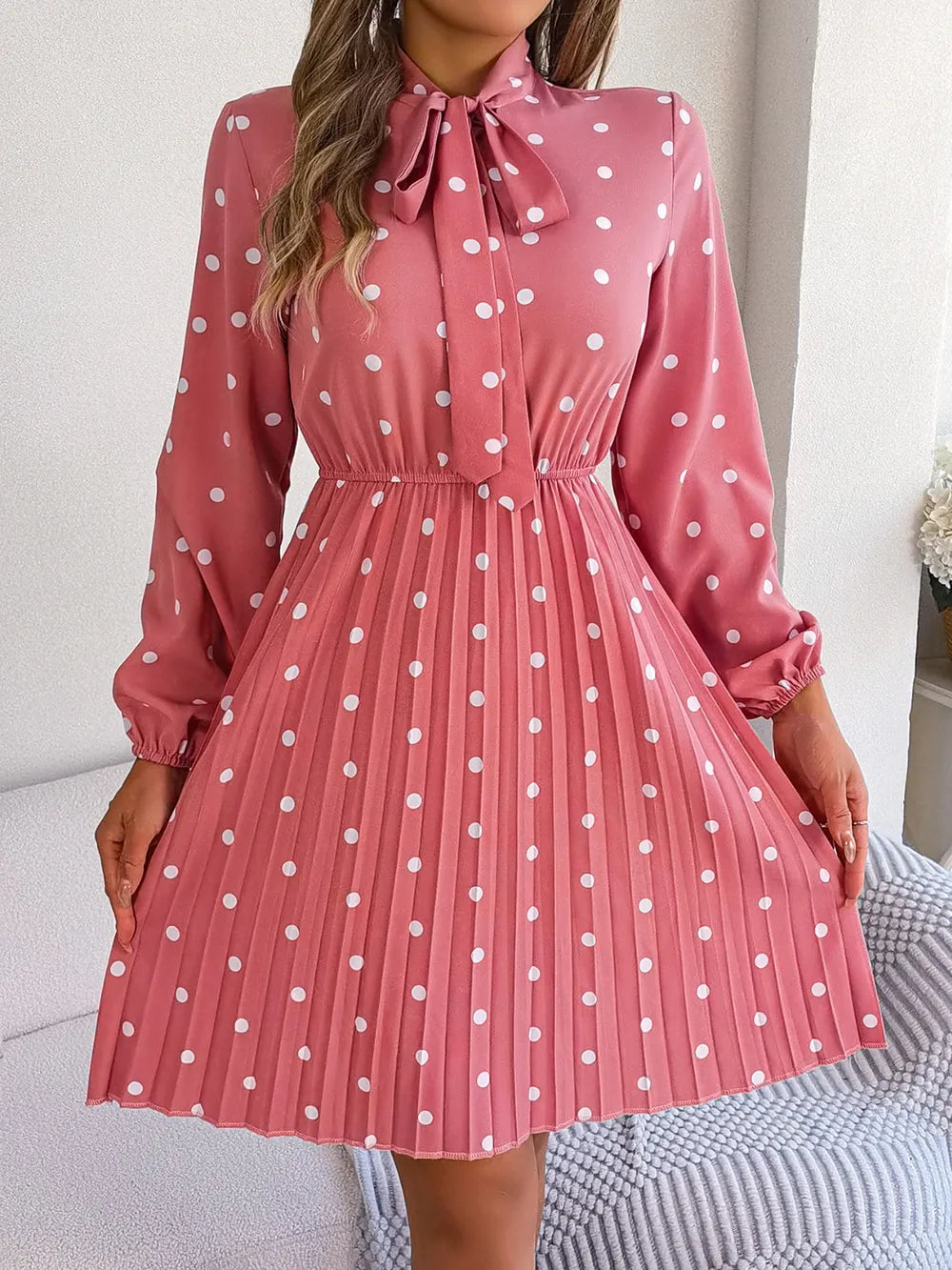 Polka Dot Tie Neck Pleated Dress (3)