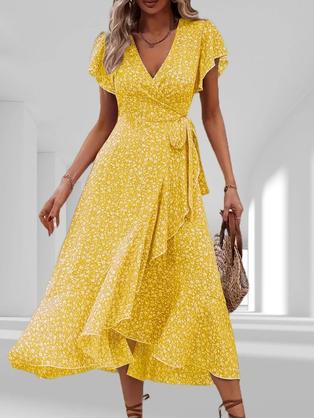Floral Print Ruffle Hem Wrap Midi Dress (17)