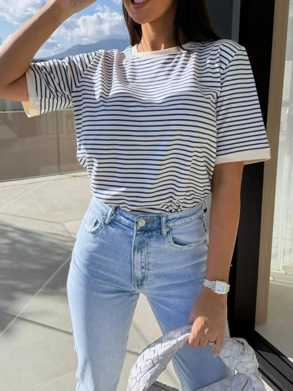 Striped Round Neck Short Sleeve T-shirt (13)